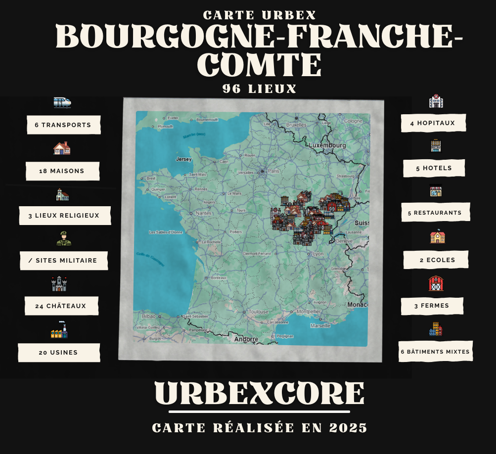 Carte Urbex – Bourgogne-Franche-Comté (96 lieux)