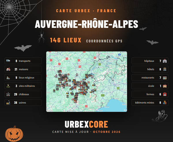 Auvergne-Rhône-Alpe urbex map poster, 146 places