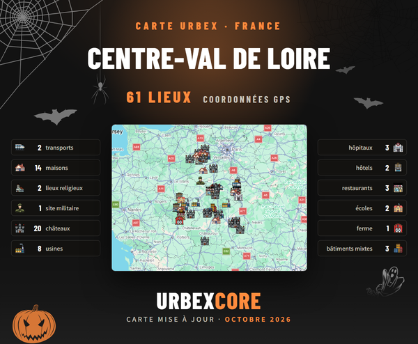 Centre-Val de Loire urbex map poster, 61 places