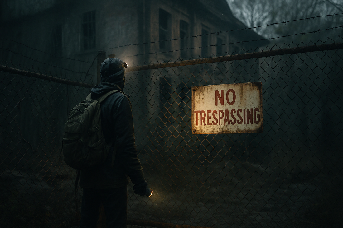 Explorateur urbex face à un bâtiment abandonné avec un panneau “No Trespassing” – illustration du risque légal en France et Belgique