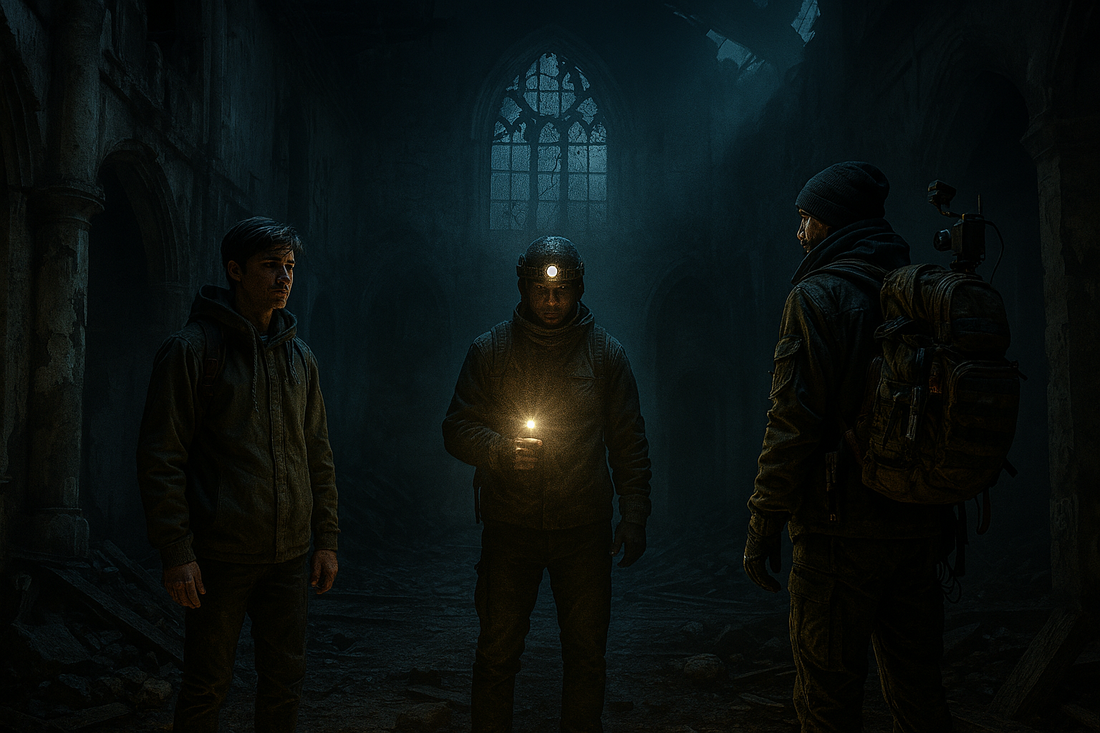 Trois explorateurs urbex dans une ruine gothique, lumière de lampe torche au centre – illustration des niveaux novice, amateur et expert