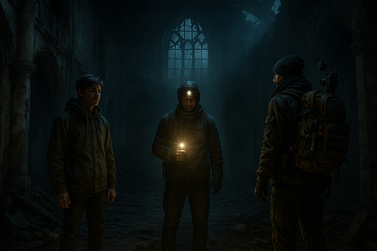 Trois explorateurs urbex dans une ruine gothique, lumière de lampe torche au centre – illustration des niveaux novice, amateur et expert