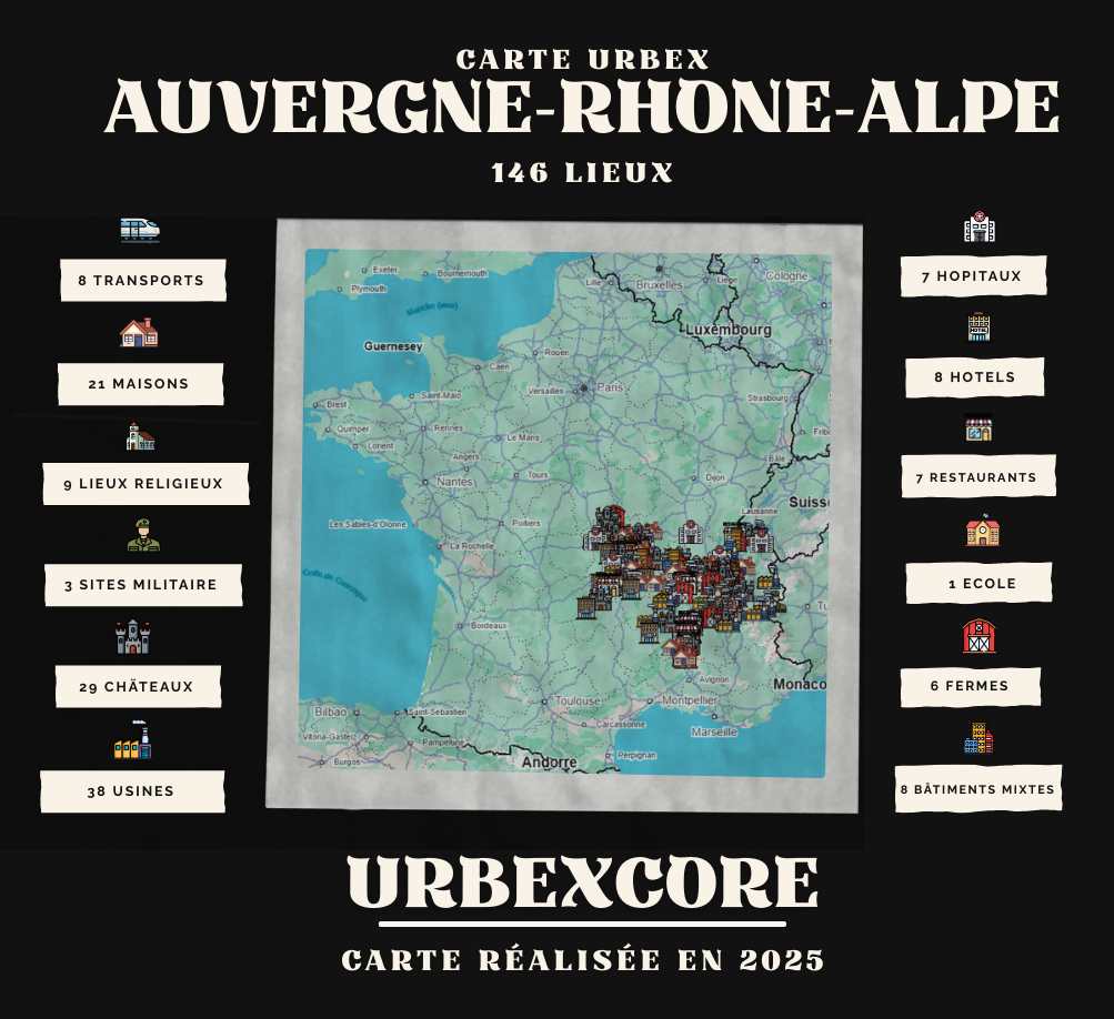 Carte Urbex – Auvergne-Rhône-Alpe (146lieux)