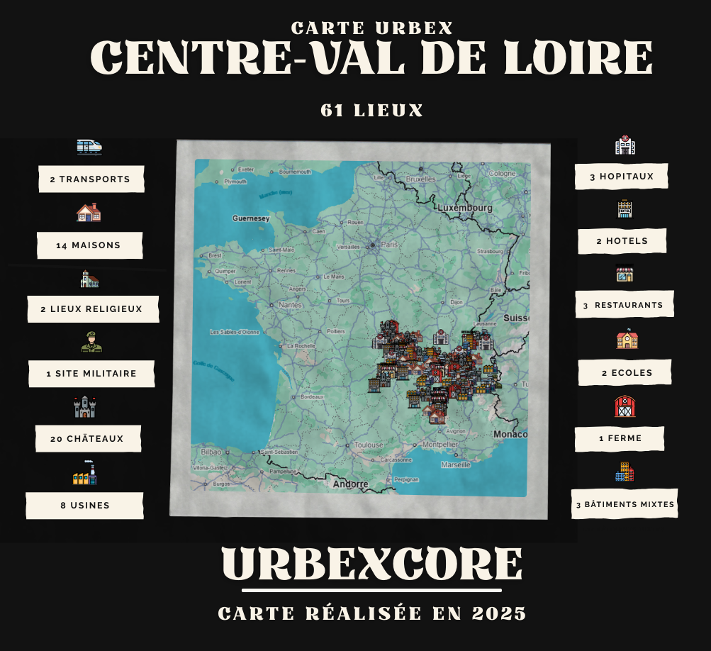 Carte Urbex – Centre-Val de Loire (61 lieux)
