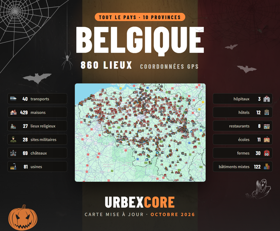 Affiche Carte Urbex Belgique, 860 lieux