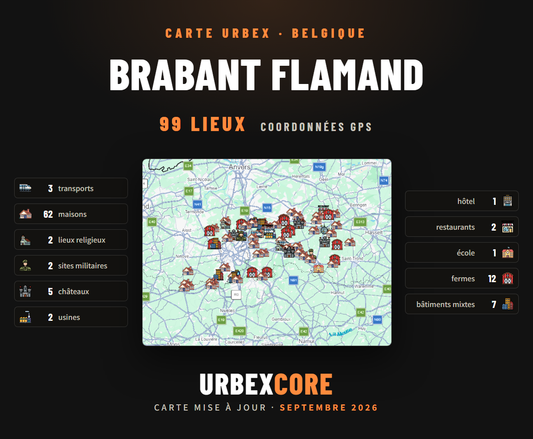 Carte urbex du Brabant flamand : 99 lieux abandonnés avec coordonnées GPS (maisons, usines, châteaux, écoles, sites militaires…), à ouvrir dans Google Maps