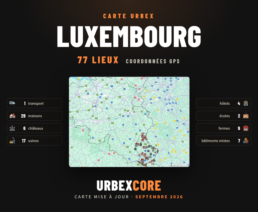 Carte urbex du Luxembourg : 77 lieux abandonnés avec coordonnées GPS (maisons, usines, châteaux, écoles…), à ouvrir dans Google Maps