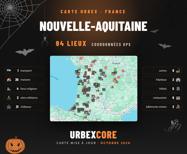 New Aquitaine urbex map poster, 94 places