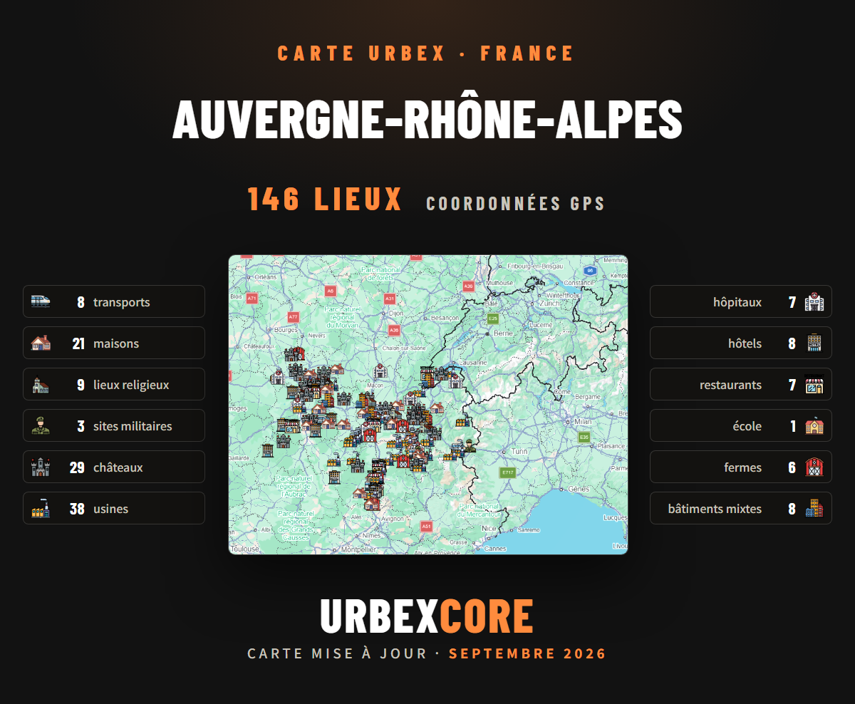 Carte Urbex – Auvergne-Rhône-Alpes (146 lieux)