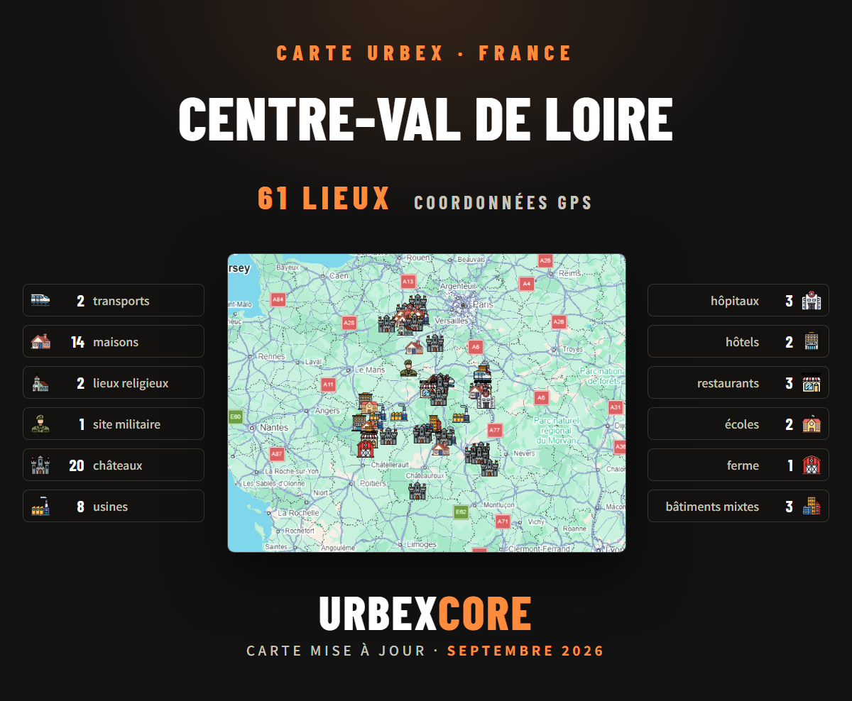 Carte Urbex – Centre-Val de Loire (61 lieux)